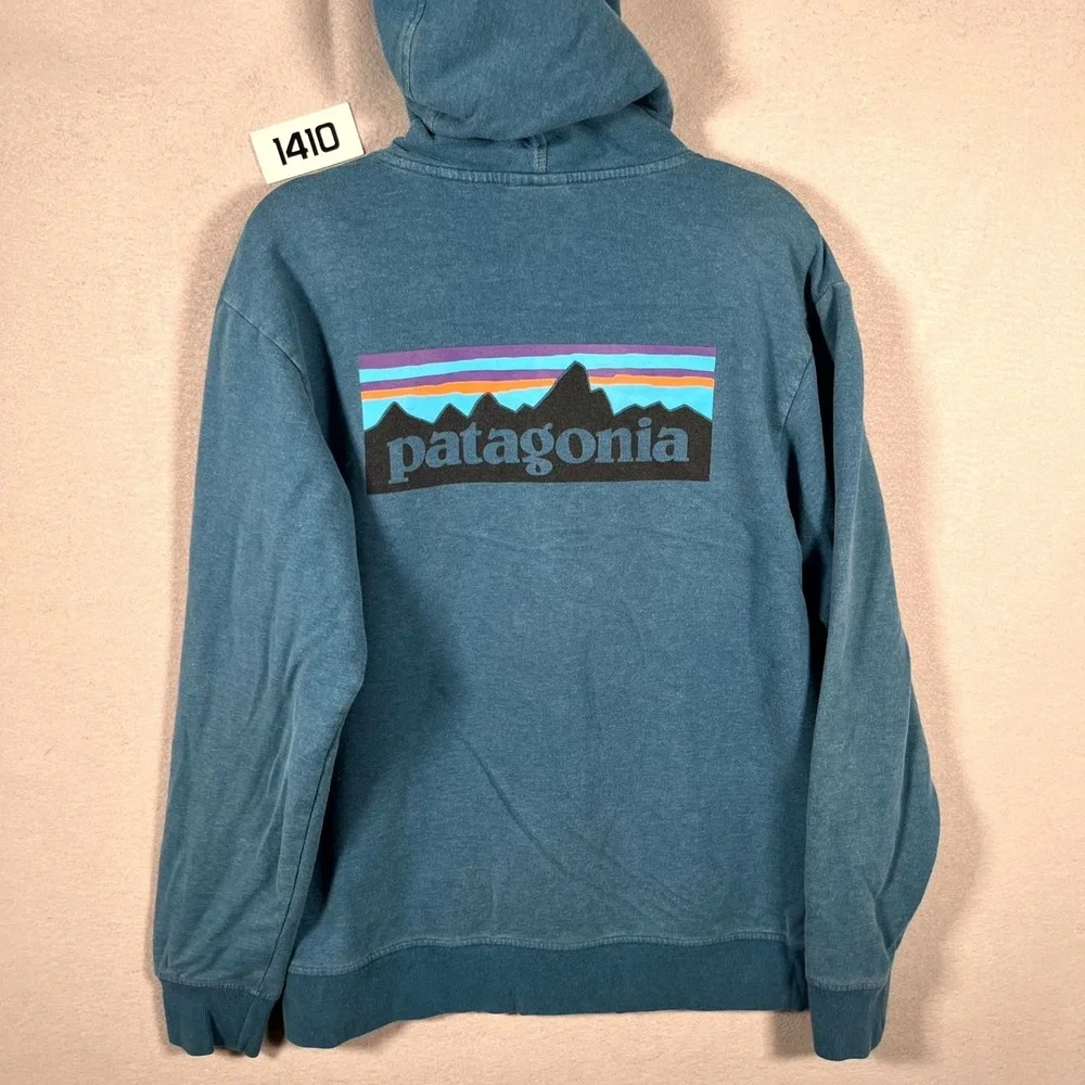 Patagonia Jacket Mens Small Blue Organic Cotton Wordmark Logo Full Zip Hooded